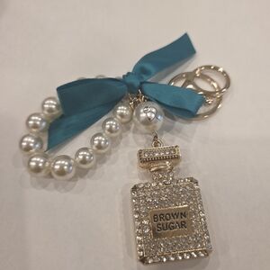 Gold Crystal 'Brown Sugar' Perfume Bottle Keychain with Pearl Bead & Teal Bow